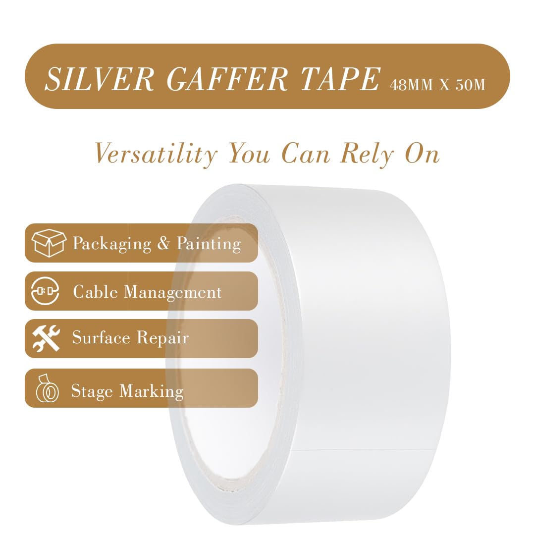 TGL PACKAGING Duct Tape Roll Silver – 48mm x 50m Heavy Duty Waterproof Gaffer Tape | Strong Adhesive, Easy Tear, No Residue | Multi-Purpose Indoor Outdoor Use, Professional Grade