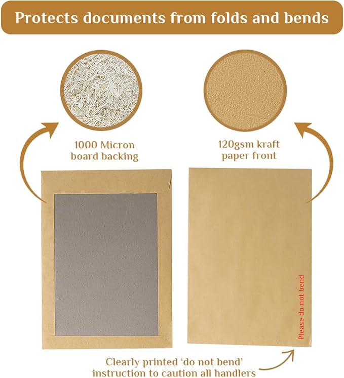 Manilla Hard Board Back Envelopes - Cardboard Backed Please Do Not Bend Envelope with Peel & Seal Strip - Perfect for Mailing, Posting & Storing Important Documents