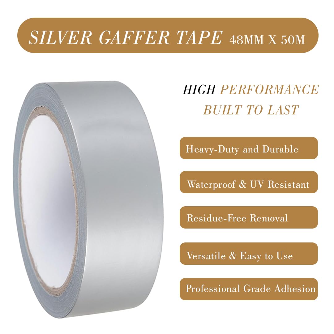 TGL PACKAGING Duct Tape Roll Silver – 48mm x 50m Heavy Duty Waterproof Gaffer Tape | Strong Adhesive, Easy Tear, No Residue | Multi-Purpose Indoor Outdoor Use, Professional Grade