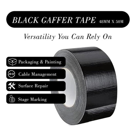TGL PACKAGING Duct Tape Roll Black – 48mm x 50m Heavy Duty Waterproof Gaffer Tape | Strong Adhesive, Easy Tear, No Residue | Multi-Purpose Indoor Outdoor Use, Professional Grade