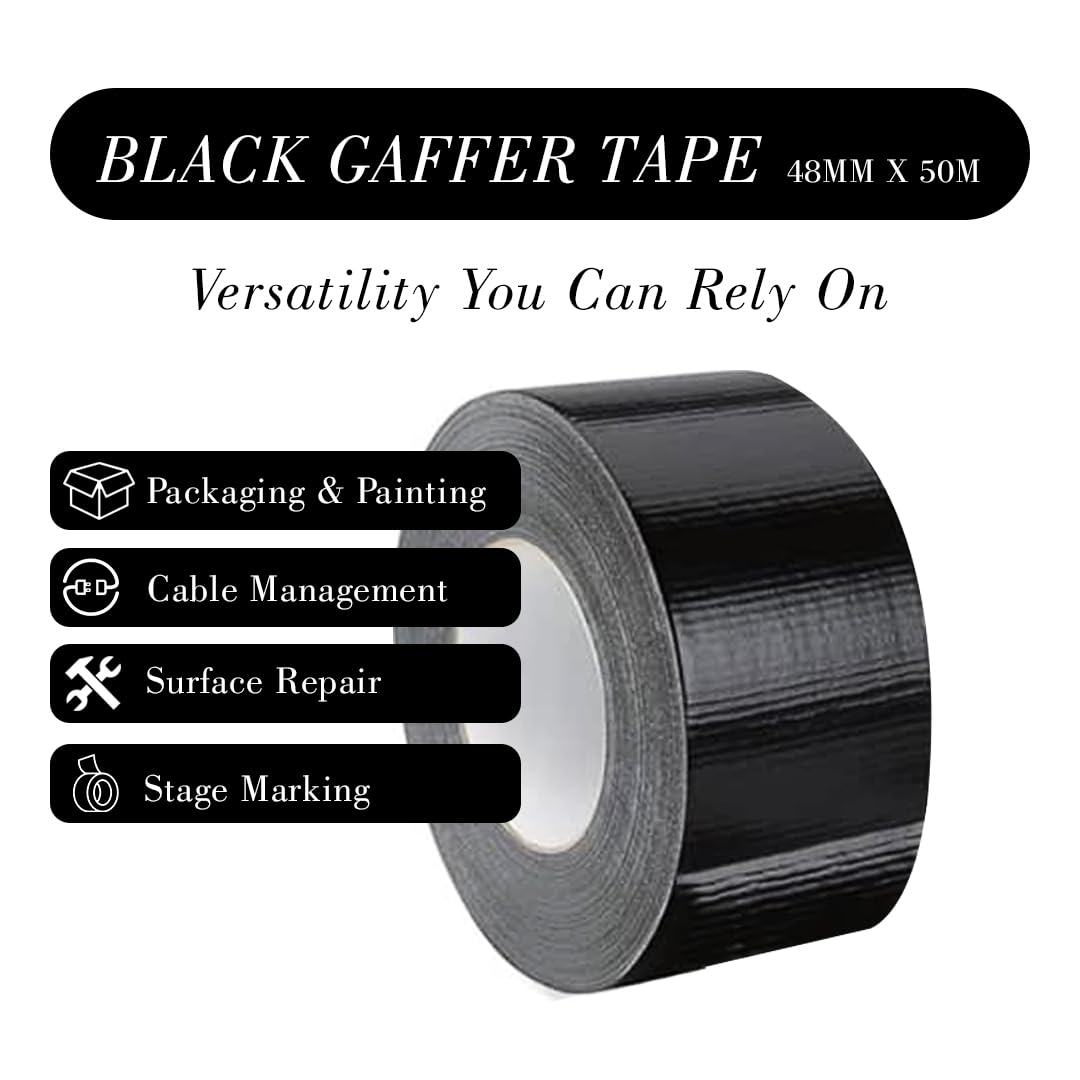 TGL PACKAGING Duct Tape Roll Black – 48mm x 50m Heavy Duty Waterproof Gaffer Tape | Strong Adhesive, Easy Tear, No Residue | Multi-Purpose Indoor Outdoor Use, Professional Grade