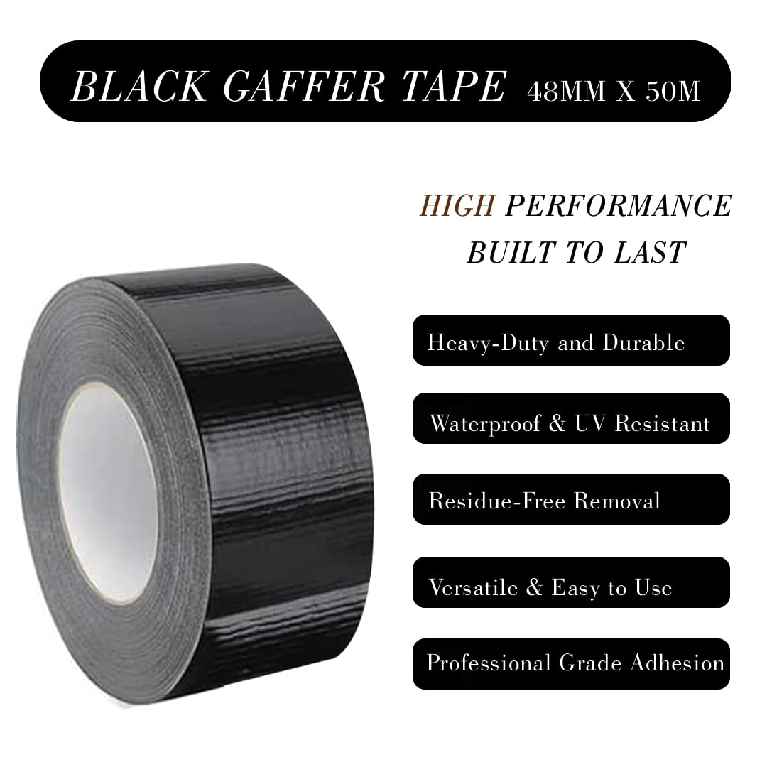 TGL PACKAGING Duct Tape Roll Black – 48mm x 50m Heavy Duty Waterproof Gaffer Tape | Strong Adhesive, Easy Tear, No Residue | Multi-Purpose Indoor Outdoor Use, Professional Grade