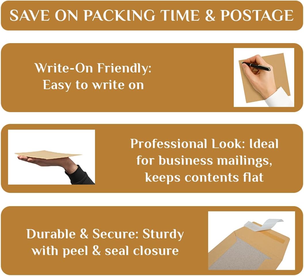 Manilla Hard Board Back Envelopes - Cardboard Backed Please Do Not Bend Envelope with Peel & Seal Strip - Perfect for Mailing, Posting & Storing Important Documents