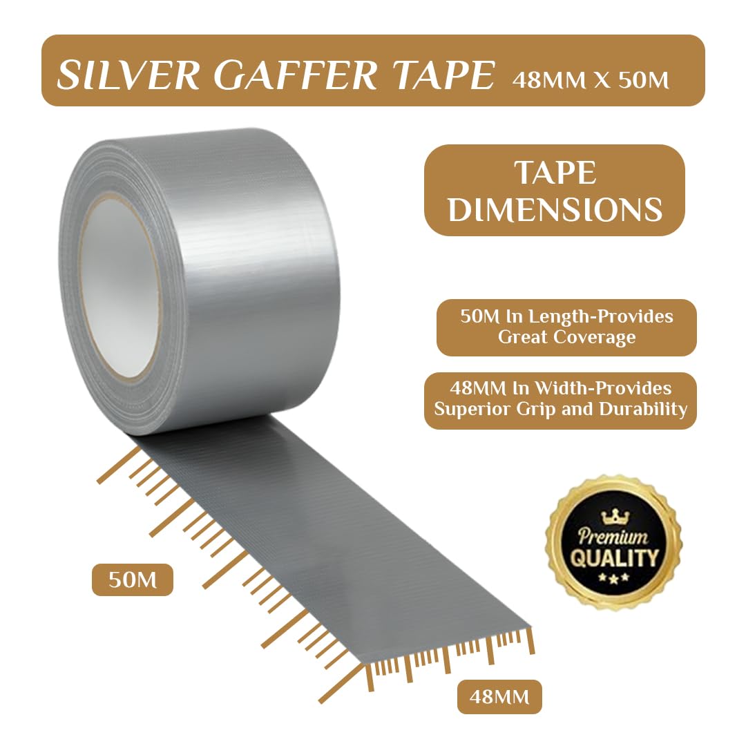 TGL PACKAGING Duct Tape Roll Silver – 48mm x 50m Heavy Duty Waterproof Gaffer Tape | Strong Adhesive, Easy Tear, No Residue | Multi-Purpose Indoor Outdoor Use, Professional Grade