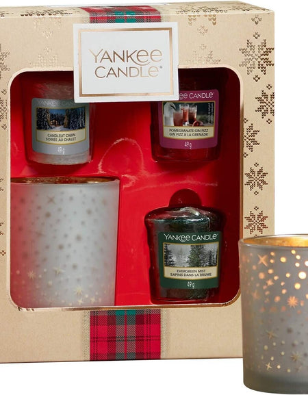 Yankee Candle Gift Set With 3 Scented Votive Alpine Candles and Holder